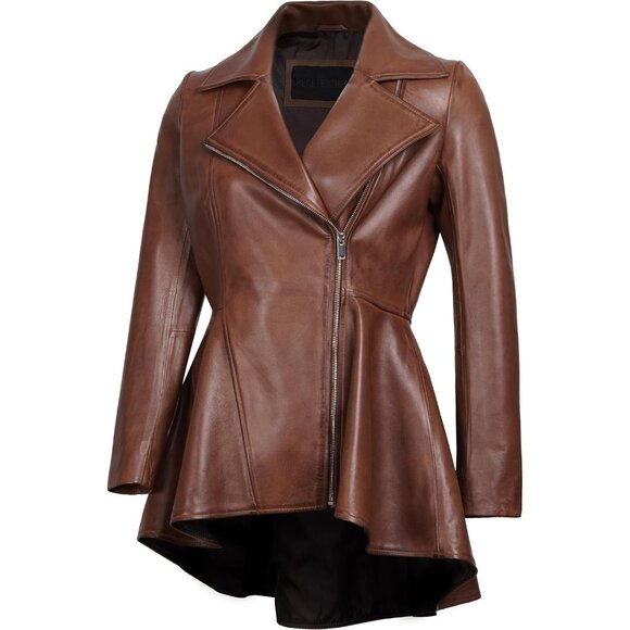 Jackets & Blazers - Women's Real Lambskin Peplum Long Sleeves Leather Jacket Outerwear Cognac Brown